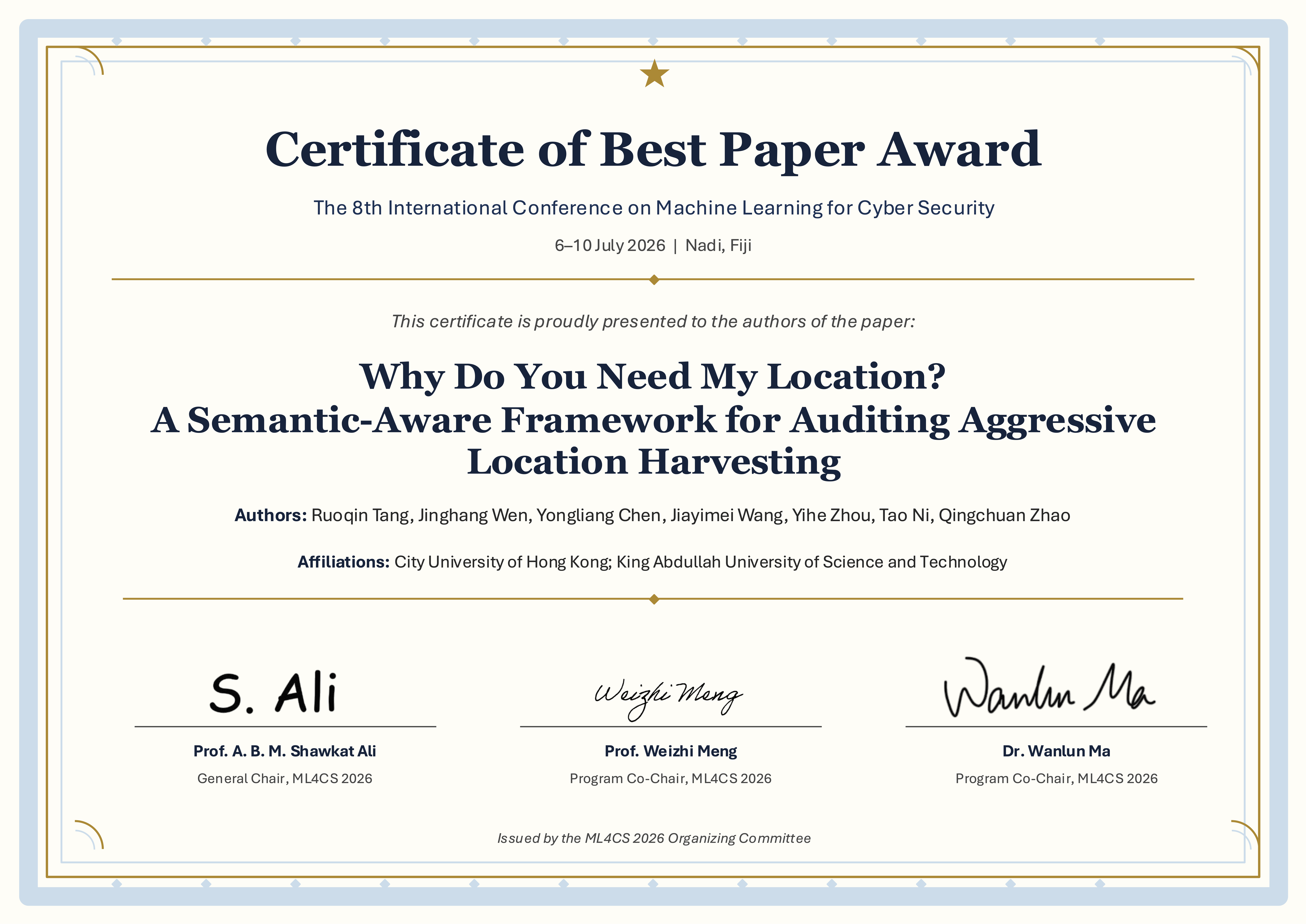 ML4CS Best Paper Award
